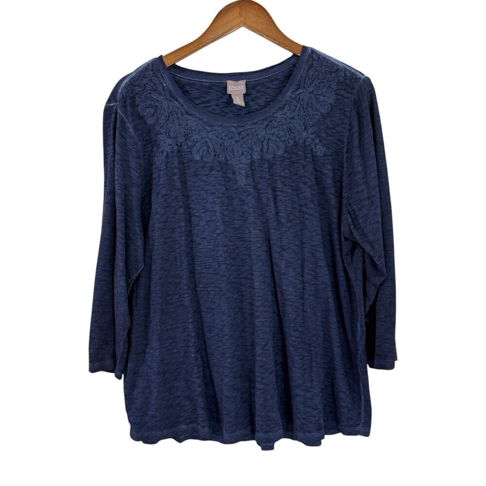 Chico's Embroidered Slub Knit Top 3 XL Navy Blue 3/4 Sleeve Cotton Boho Coastal